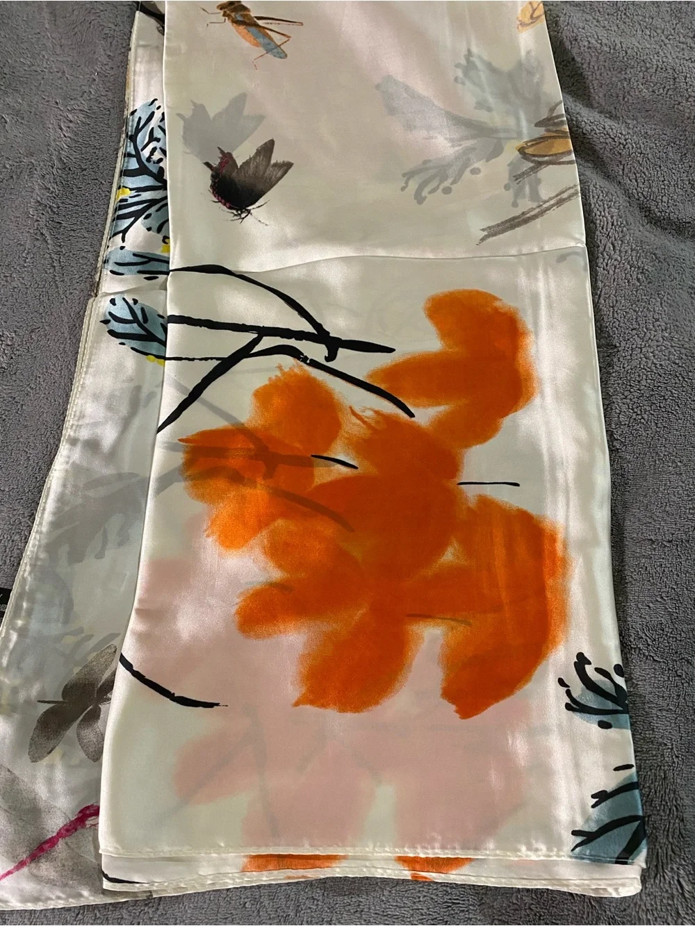 Floral Silk Scarf with Vibrant Orange Bloom size 180X90cm